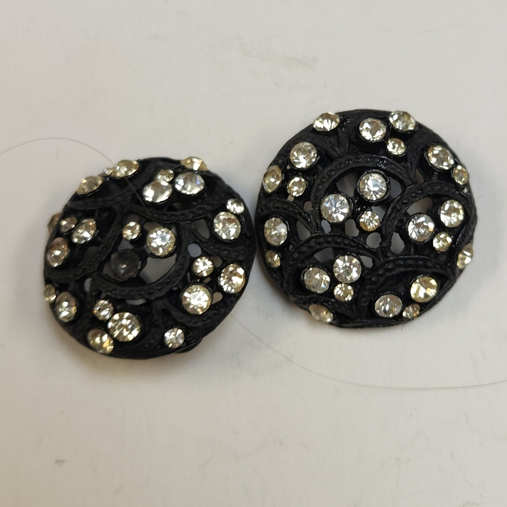 Vtg Black Clip Ons W/ Rhinestones